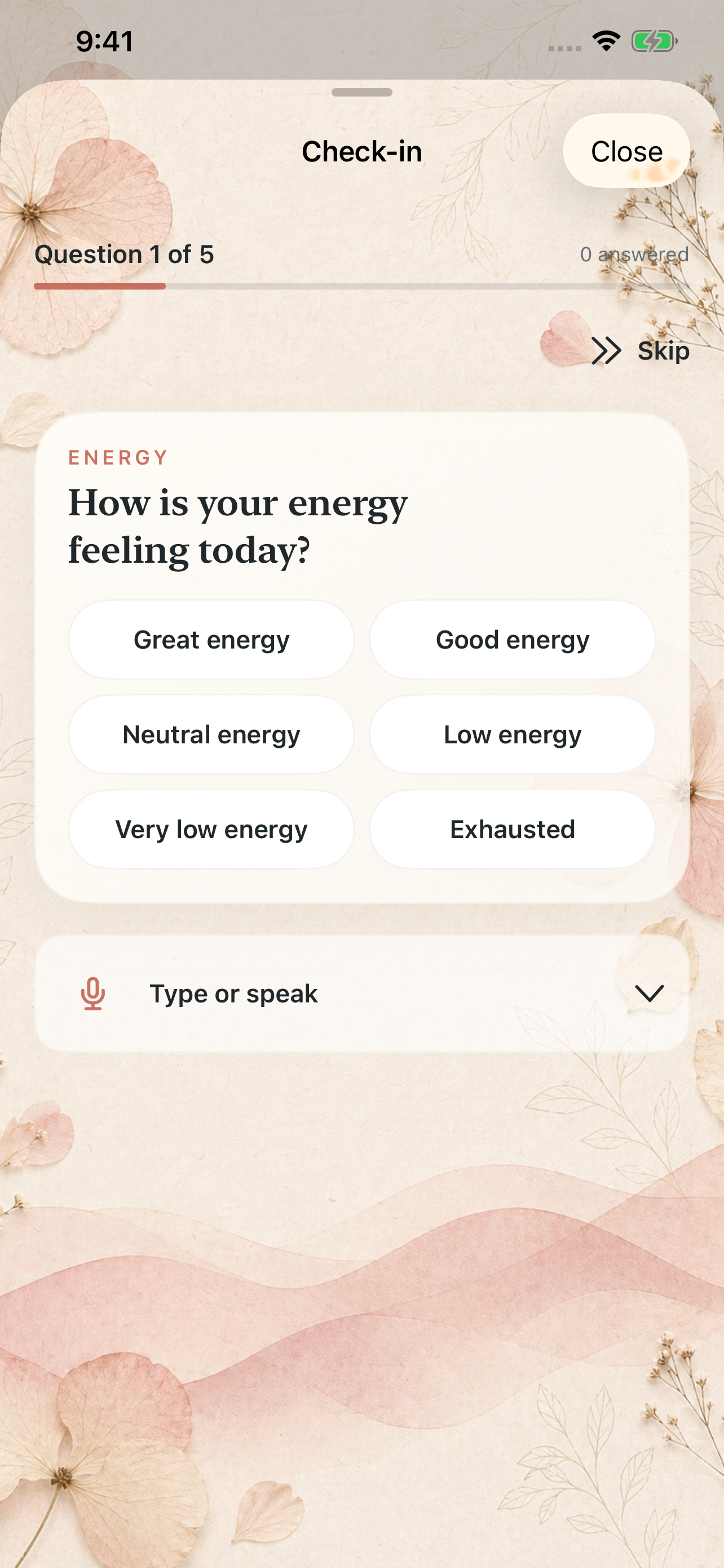 Synkra guided check-in asking how your energy feels, with rating choices and a Type or speak option.